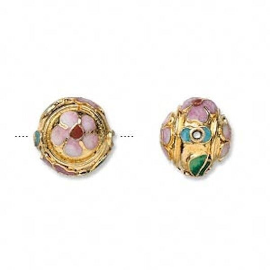 Pink & Green Flower Cloisonné Round Beads 14mm, 4 pcs