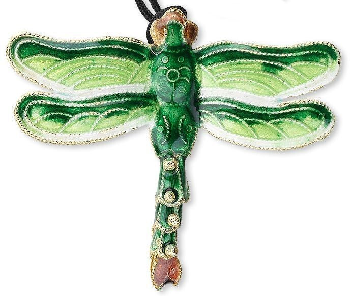 Cloisonné Copper Green Dragonfly Pendant with Articulating Tail 52x47mm on Black Cord (1 pc)