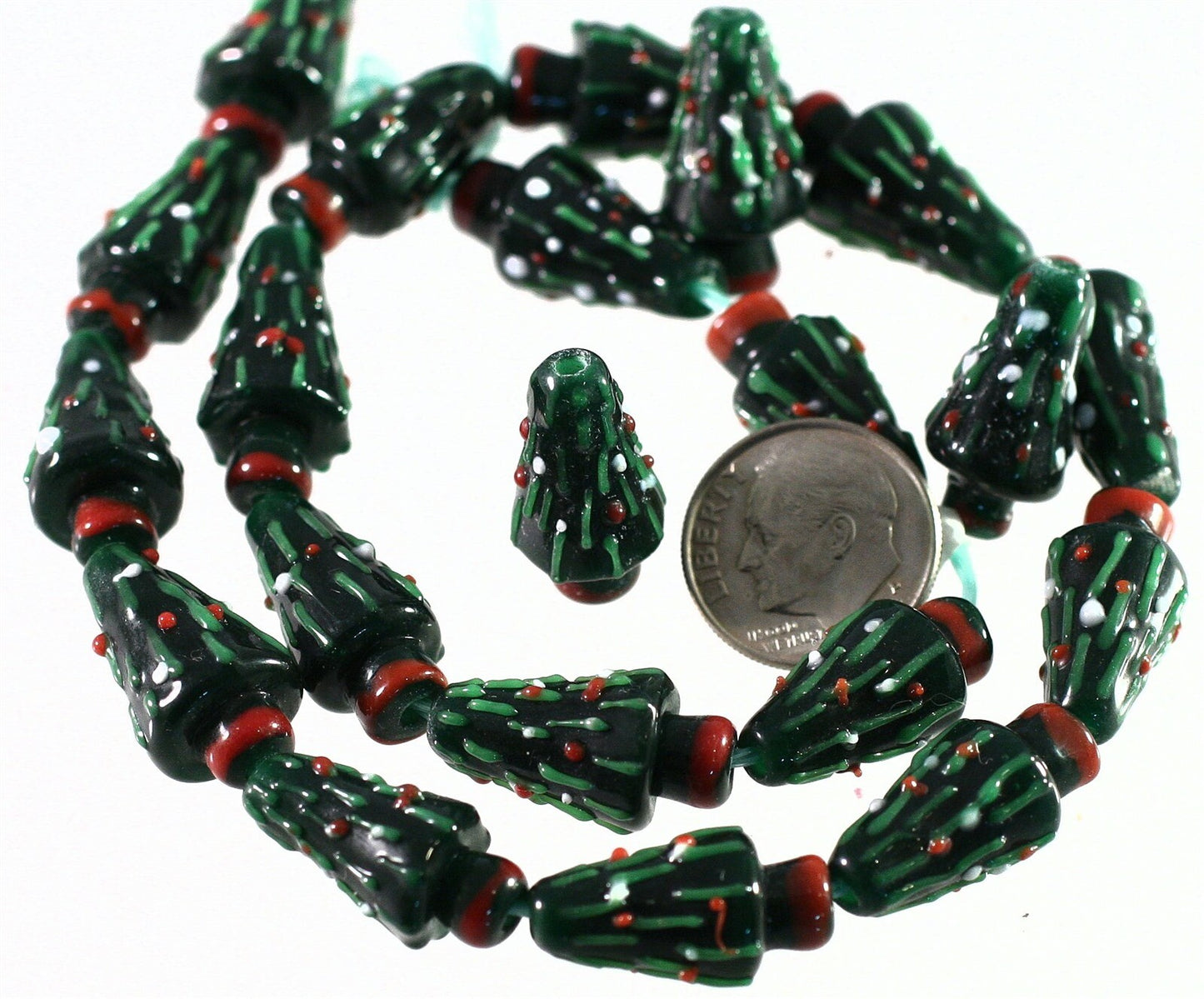 Lampwork Glass Dark Green 3D Christmas Tree 11x21mm Beads, 6 pcs