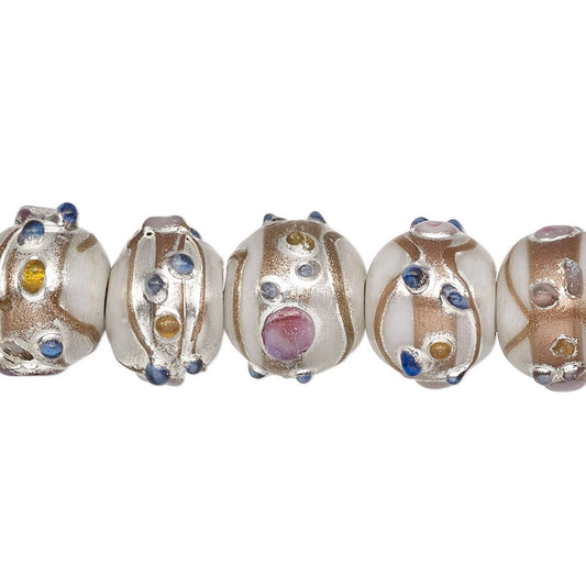 Lampwork Glass Rondelle Beads, Winter White with Foil Accents, 11x13mm, 30 pcs