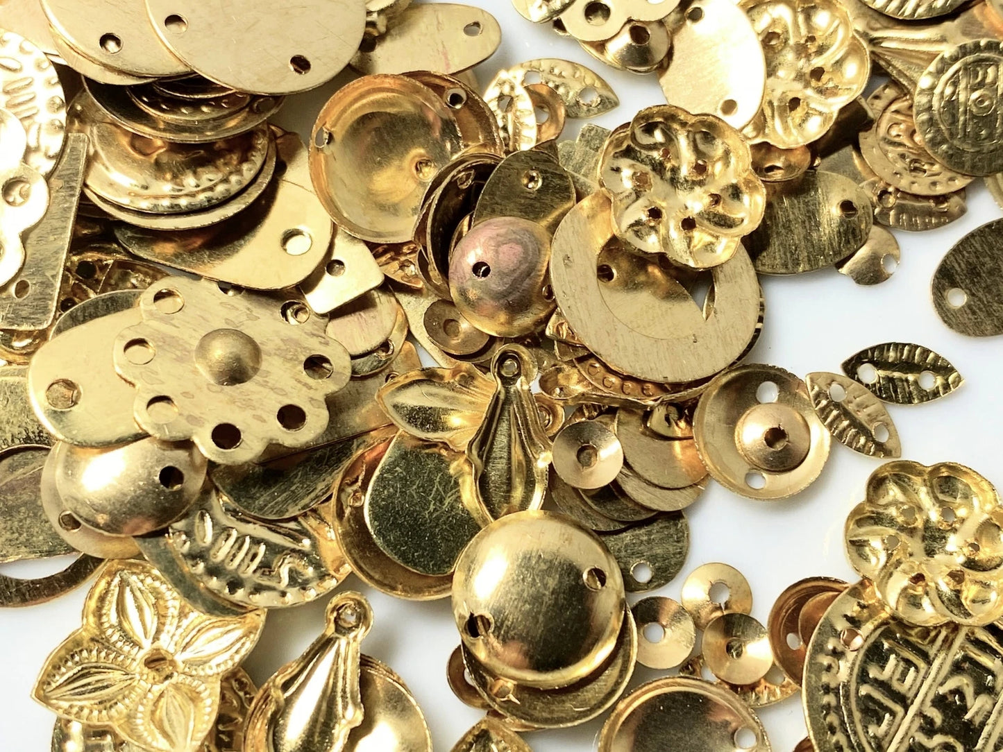 Gold Plated Brass Stamped Component Mix, Assorted Shapes, approx. 585-600 pcs, 100g