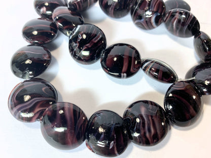 Lampwork Glass Dark Purple White Swirl 18-21mm Puffed Coin Beads, 1 Strand (approx. 19-21)