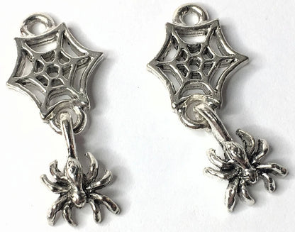 Antiqued Pewter Swinging Spider with Web Charms, 26x12mm, 2 pcs