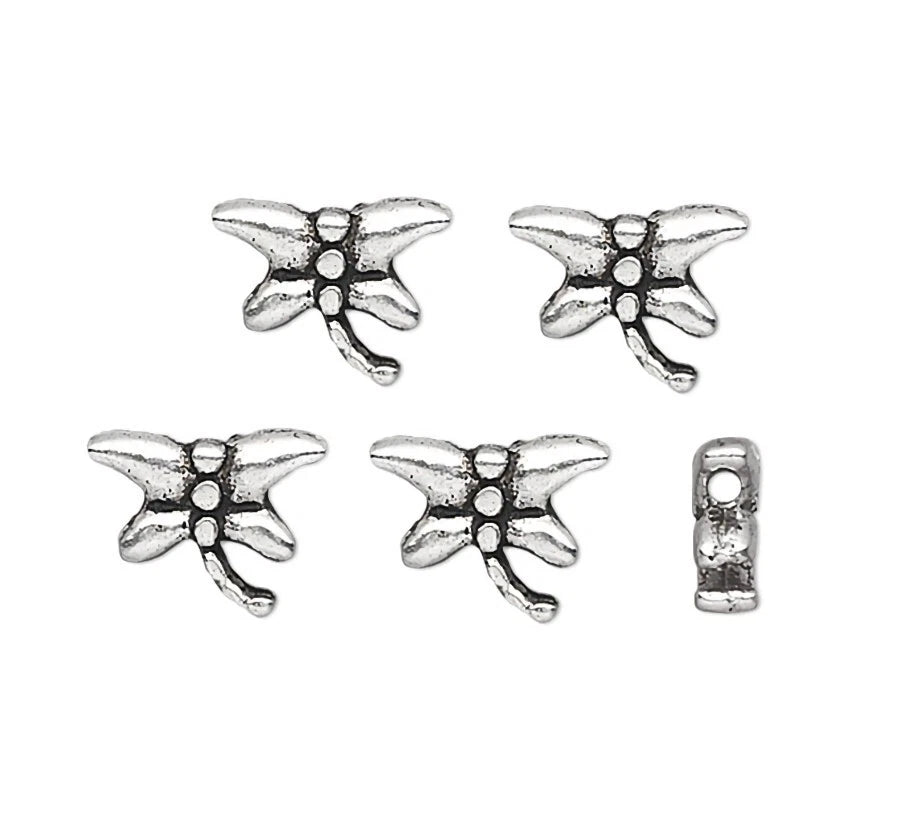 Antiqued Silver Pewter Double-Sided Dragonfly Beads, 8x6mm, 100 pcs