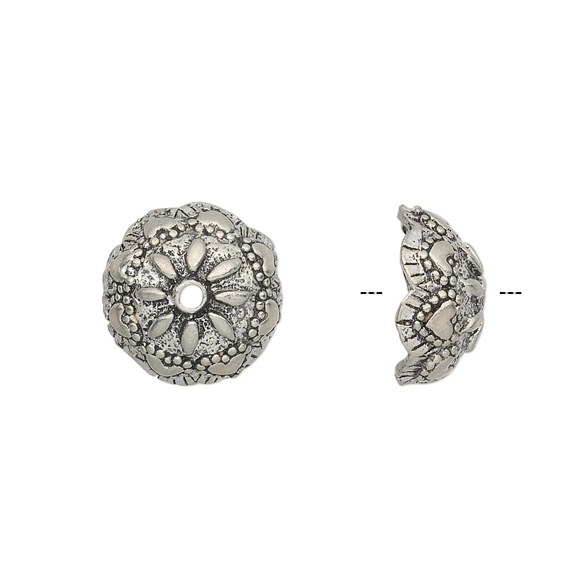 Antiqued Silver Pewter Heart Flower Bead Caps, 13x6mm, 4 pcs