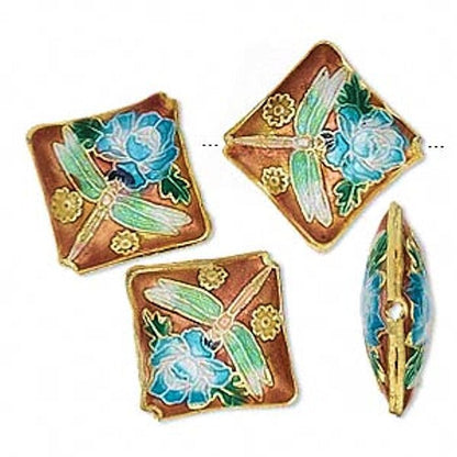 Multicolor Cloisonné Diamond Dragonfly & Flower Beads 19x6mm, 4 pcs