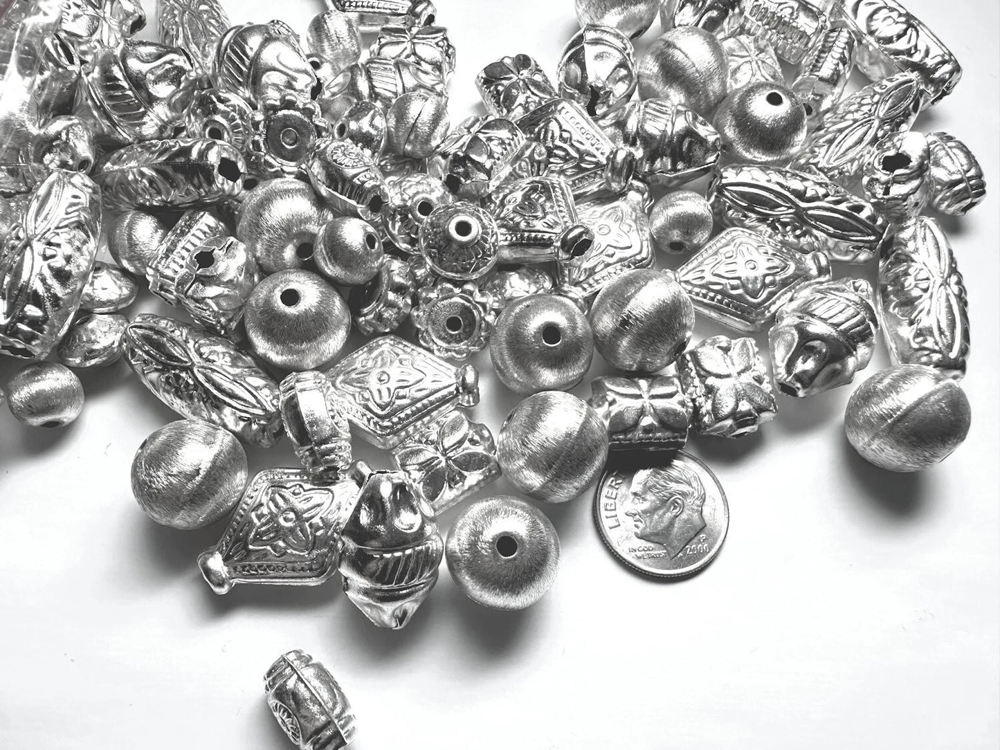Silver Plated Brass Hollow Bead Mix, Assorted Shapes, 250g