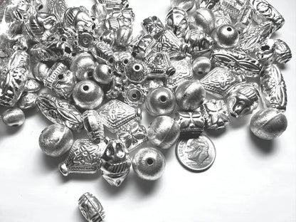 Silver Plated Brass Hollow Bead Mix, Assorted Shapes, 250g