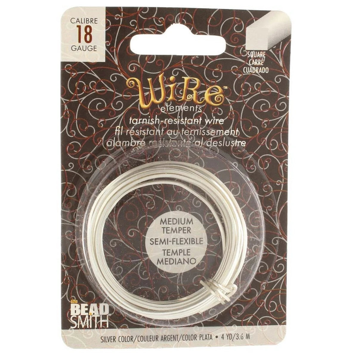Beadsmith Non-Tarnish Silver Plated Copper Square Wire, 18 Gauge, 4 Yards