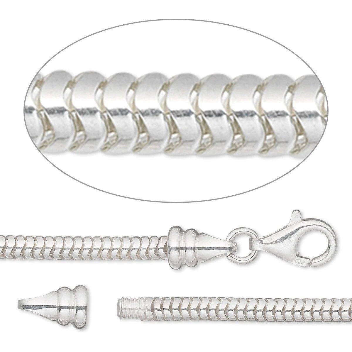 Sterling Silver Snake Chain Necklace, 3mm, 18 Inches, Lobster Clasp with Twist-Off End Cap