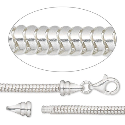 Sterling Silver Snake Chain Necklace, 3mm, 18 Inches, Lobster Clasp with Twist-Off End Cap