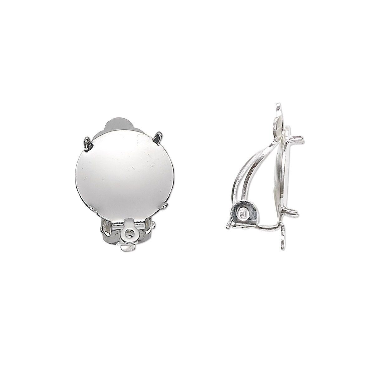 A pair of silver hoop earrings shown from the back, displaying the flat circular disc and the metal clip mechanism, on a plain white background.