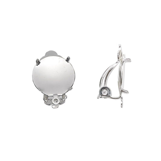 A pair of silver hoop earrings shown from the back, displaying the flat circular disc and the metal clip mechanism, on a plain white background.
