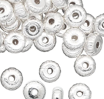 Silver Plated Brass Corrugated Rondelle Beads, 4.5x2.5mm, 100 pcs