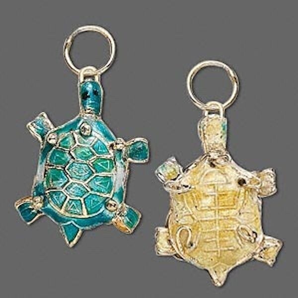 Turquoise Blue Cloisonné Turtle Charms 18x24mm, 2 pcs