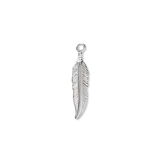 Silver-Plated Brass 18x4mm Feather Drop Charms with 1mm Loop