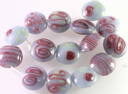 Lampwork Glass Gray & Pink 20x10mm Puffy Coin Beads, 10 pcs