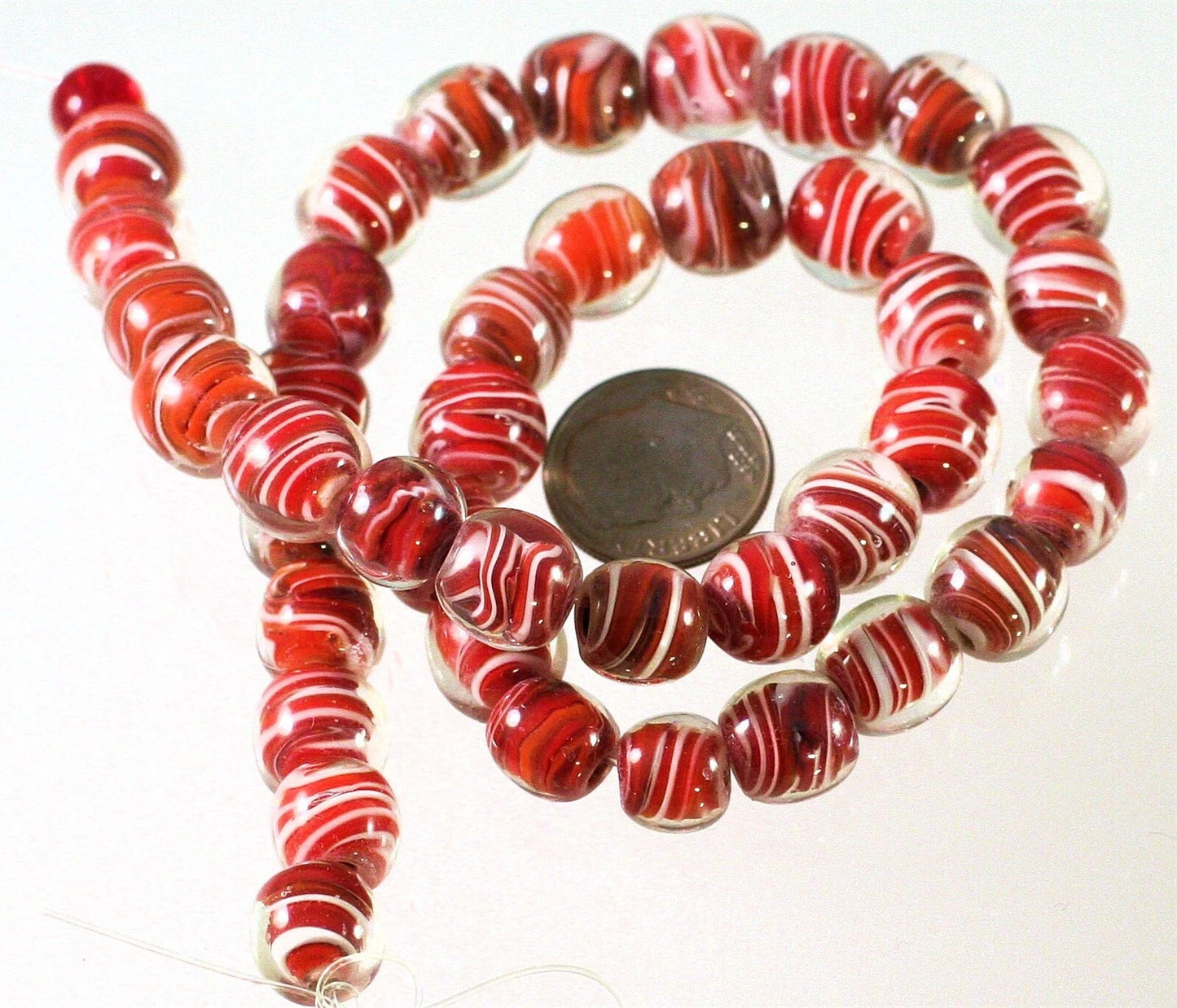 Clear, Red & White Swirl Lampworked Glass Beads, 10mm, 1 Strand (approx. 38-40)