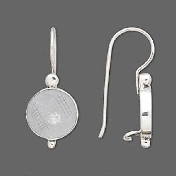 Antiqued Sterling Silver Fishhook Ear Wires with 12mm Bezel Setting, 30mm, 1 Pair