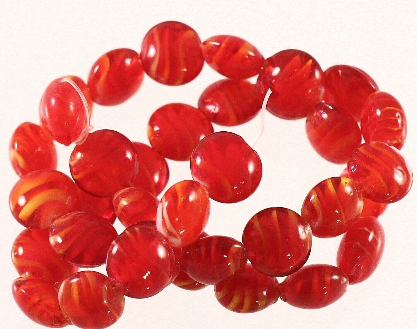 Lampworked Glass Orange-Red Swirl 11-12mm Puffed Coin Beads, 1 Strand (approx. 35-37)