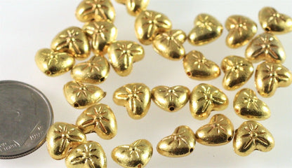 Gold Plated Pewter Double-Sided Heart with Flower Beads, 8x6mm, 50 pcs