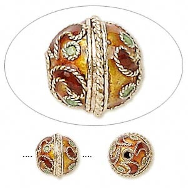 Brown & Green Cloisonné Round Beads 10mm, 4 pcs