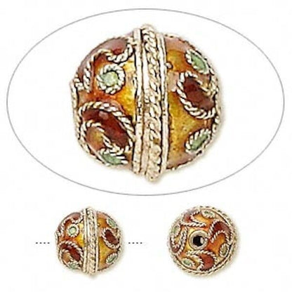 Brown & Green Cloisonné Round Beads 10mm, 4 pcs