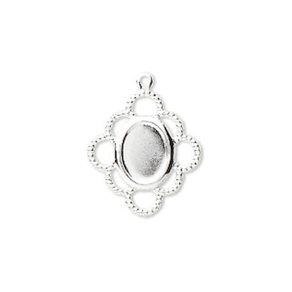 Silver Plated Brass Drop with 8x6mm Oval Cabochon Setting, 19x17mm, 1-1.2mm Loop
