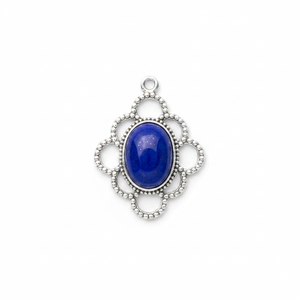 Silver Plated Brass Drop with 8x6mm Oval Cabochon Setting, 19x17mm, 1-1.2mm Loop