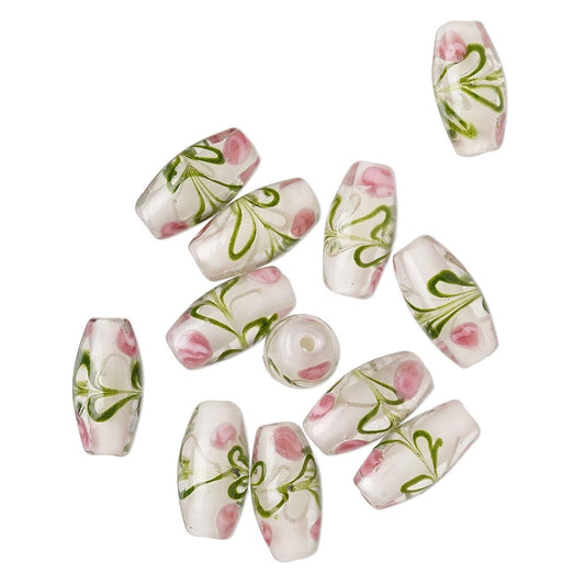 Lampworked Glass Pink, Green & White Flower Double Cone Beads, 18x8mm, 12 pcs