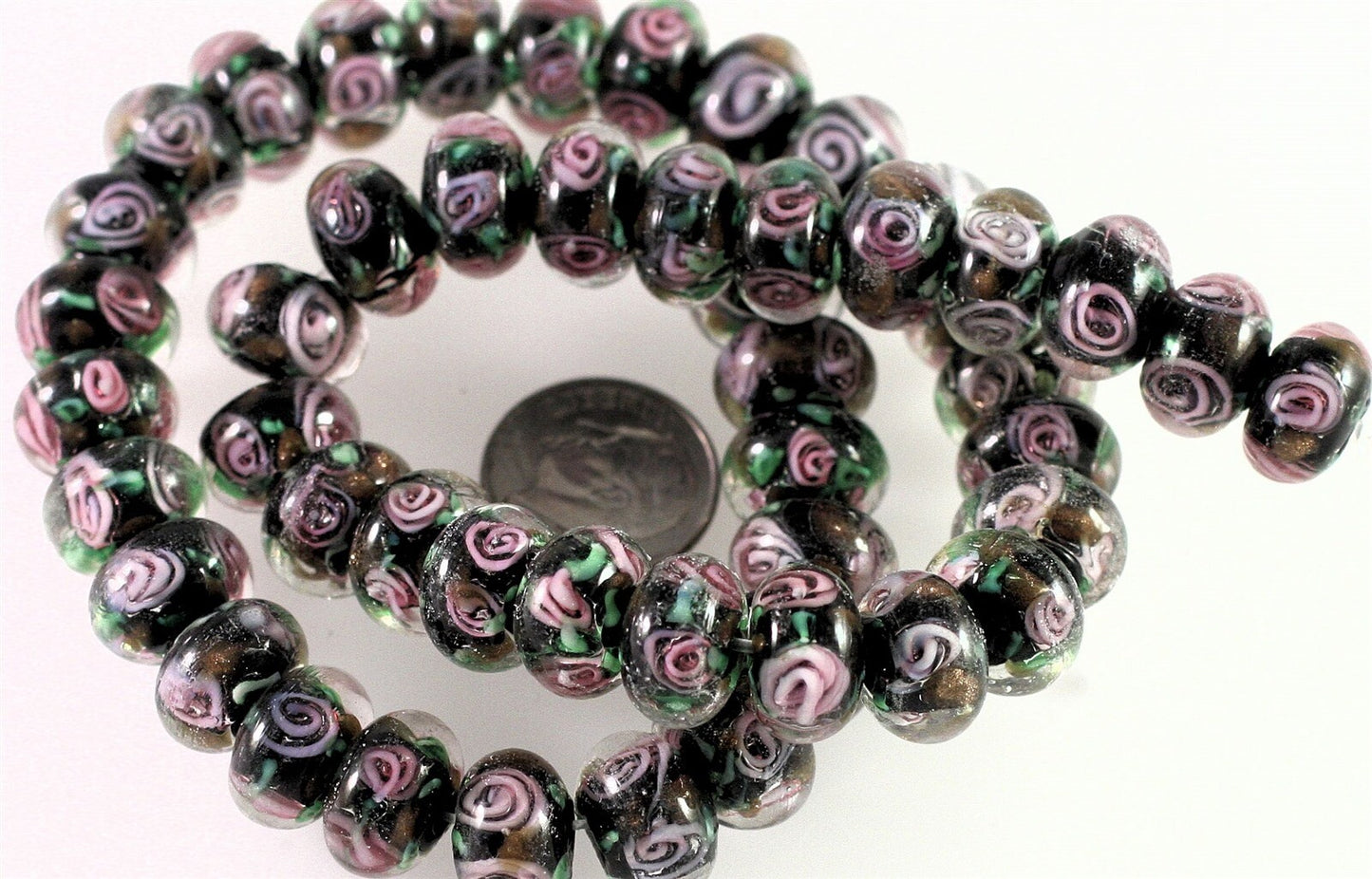 Lampwork Glass Multicolor Pink Floral 12x7mm Rondelle Beads, 12 pcs