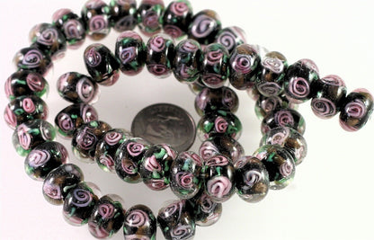 Lampwork Glass Multicolor Pink Floral 12x7mm Rondelle Beads, 12 pcs