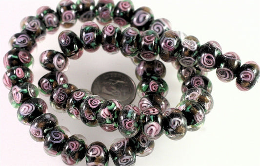 Lampwork Glass Multicolor Pink Floral 12x7mm Rondelle Beads, 12 pcs