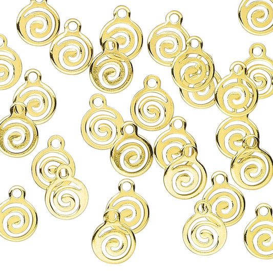 Multiple gold spiral-shaped jewelry charms with top loops scattered on a plain white background.