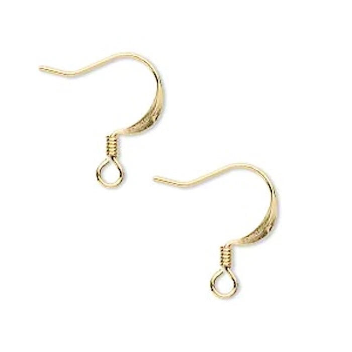 Gold Plated Brass Flat Fishhook Ear Wires, 17mm, 22 Gauge, Open Loop with 3mm Coil