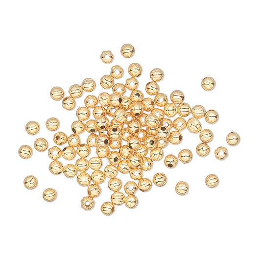 Gold-Plated Brass 2.5mm Corrugated Round Beads with 0.4mm Hole