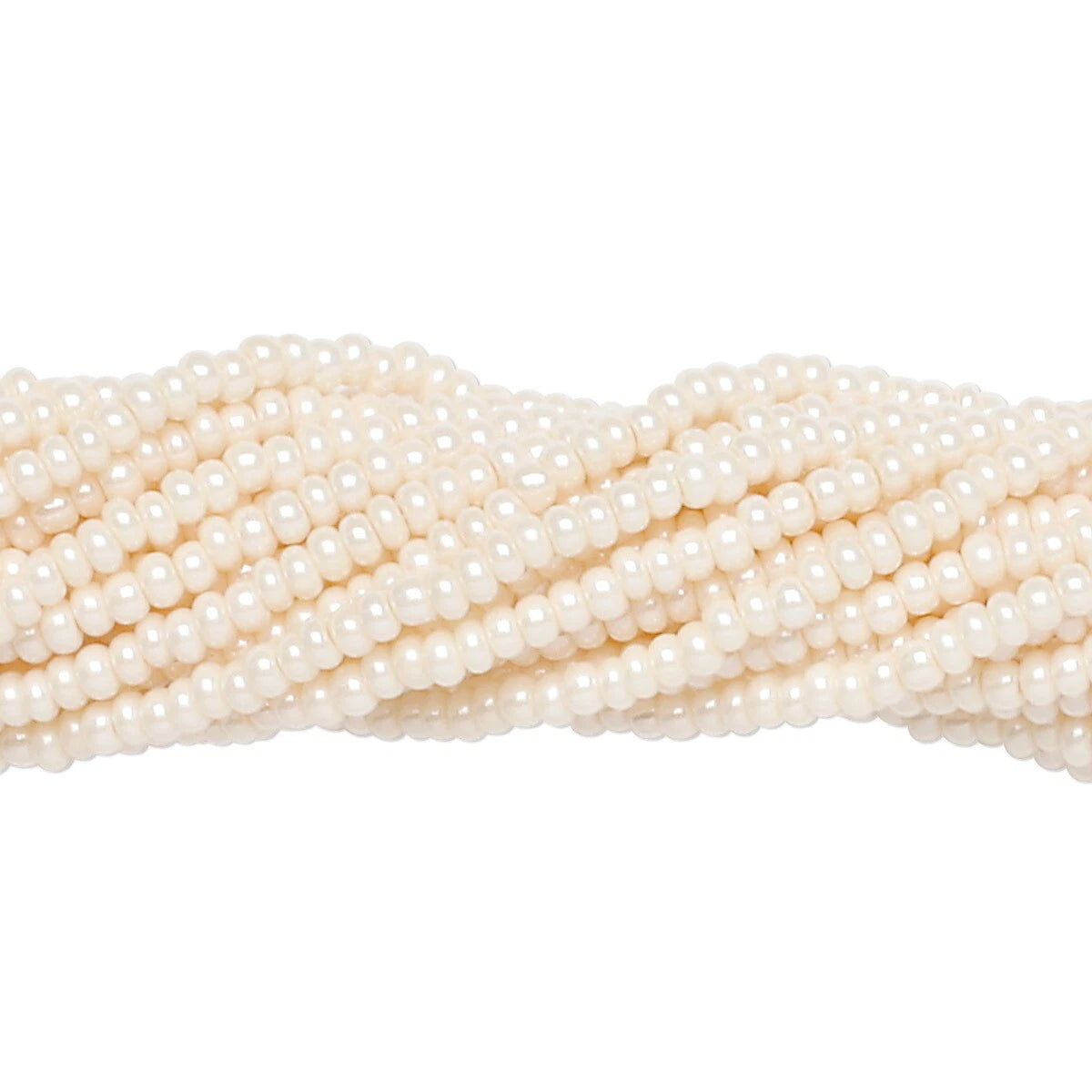 Multiple strands of small, round, cream-colored faux pearls arranged in a twisted bundle on a plain white background.