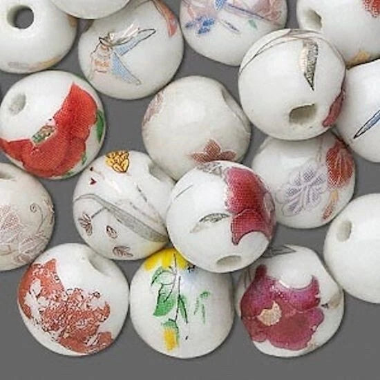 Handmade Porcelain Floral Round Bead Mix, 12mm, 32 pcs