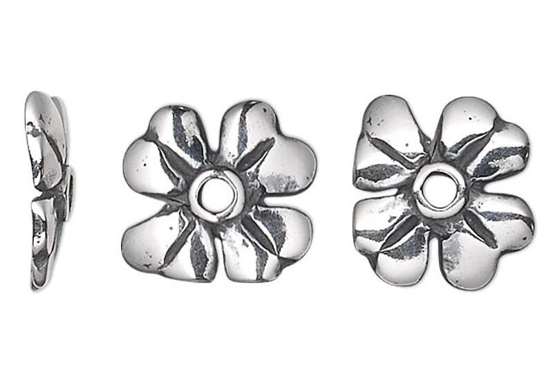 Antiqued Sterling Silver 4-Leaf Clover Bead Caps, 9x1.5mm, 2 pcs