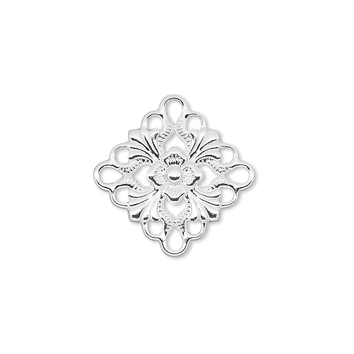 Silver Plated Brass Filigree Diamond Square Connector Links 20x20mm