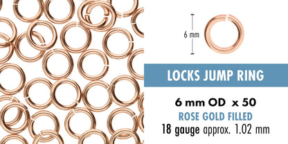 14Kt Rose Gold Filled Round Jumplock Jump Rings, 6mm, 18 Gauge (50)