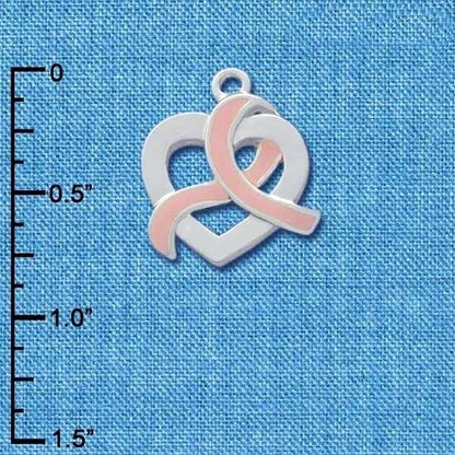 Silver-Plated Enameled Pink Ribbon Awareness Heart Charms, 18x20mm, 2 pcs