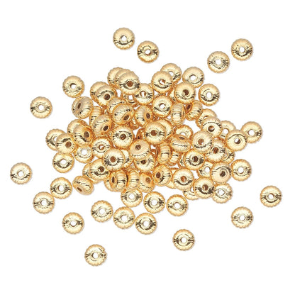 Gold Plated Brass Corrugated Rondelle Spacer Beads, 4.5x2.5mm, 100 pcs