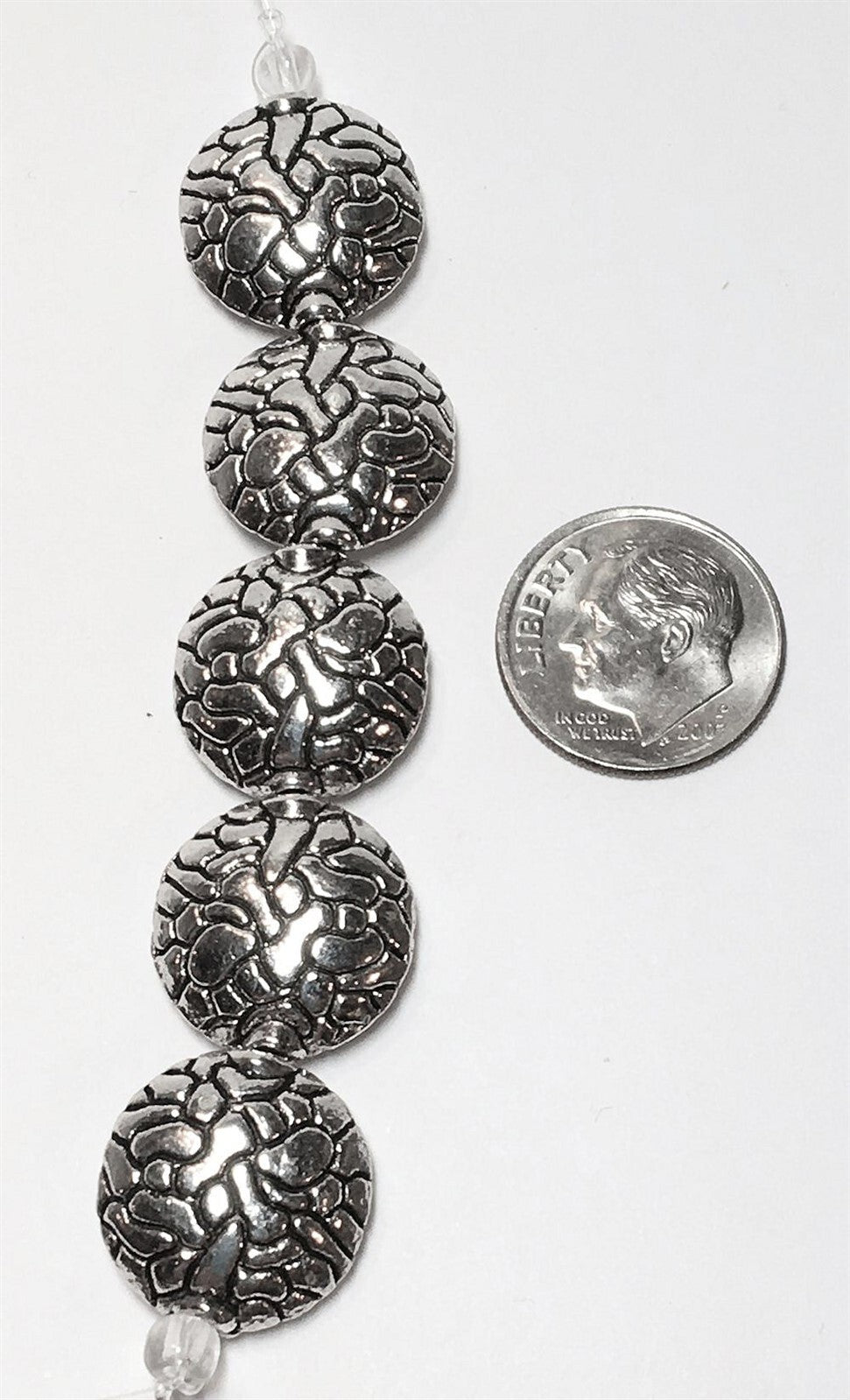 Antiqued Silver Pewter Puffed Flat Round Coin Beads, 16mm, 5 pcs