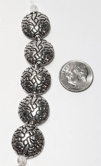 Antiqued Silver Pewter Puffed Flat Round Coin Beads, 16mm, 5 pcs