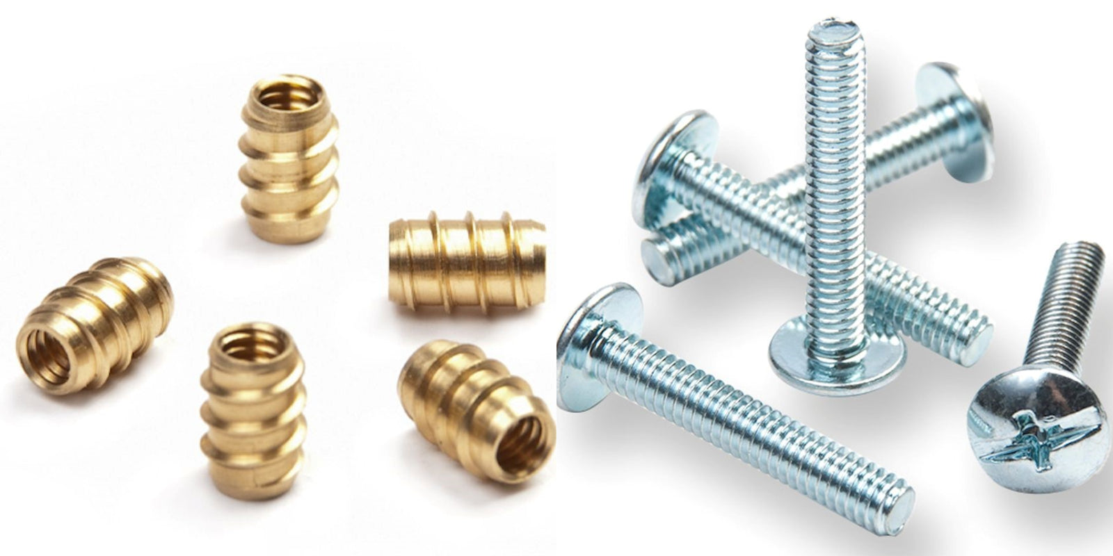 A set of metal screws and threaded inserts on a plain white background, including silver flat-head and screw-head screws and several gold-colored threaded plugs.