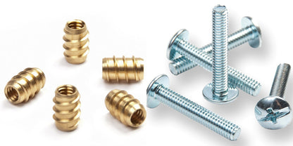 A set of metal screws and threaded inserts on a plain white background, including silver flat-head and screw-head screws and several gold-colored threaded plugs.