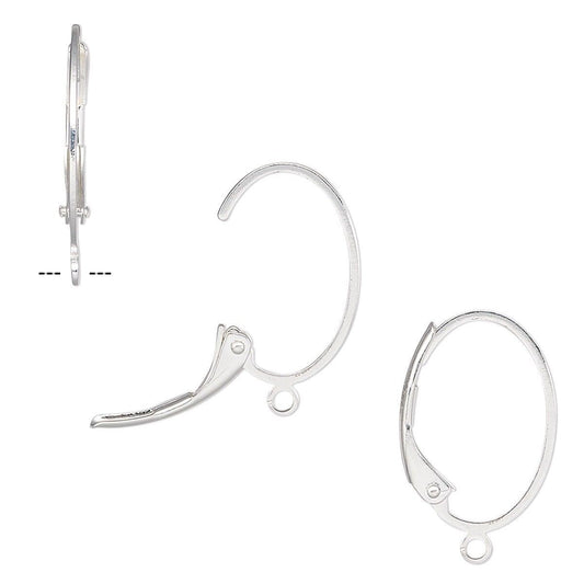 Three views of silver leverback hoop earrings on a plain white background, including a side profile with a dashed measurement guide.