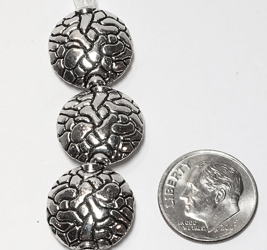 Antiqued Silver Pewter Puffed Flat Round Coin Beads, 16mm, 5 pcs