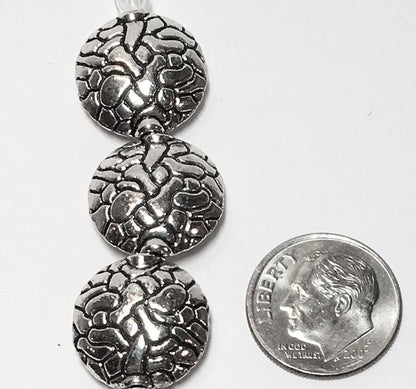 Antiqued Silver Pewter Puffed Flat Round Coin Beads, 16mm, 5 pcs